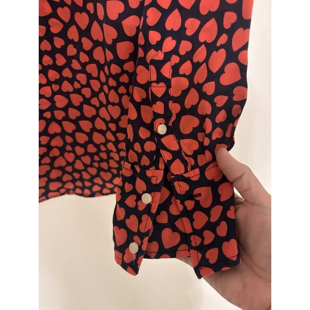 Valentines J Crew silk shirt button Down red hearts Navy XS Women’s Love